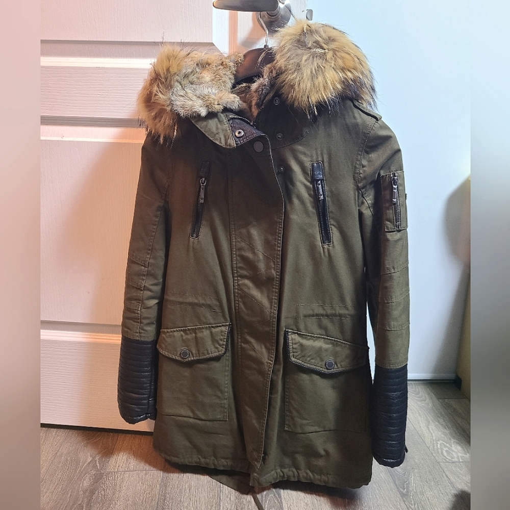 BCBG hooded parka jacket with rabbit fur